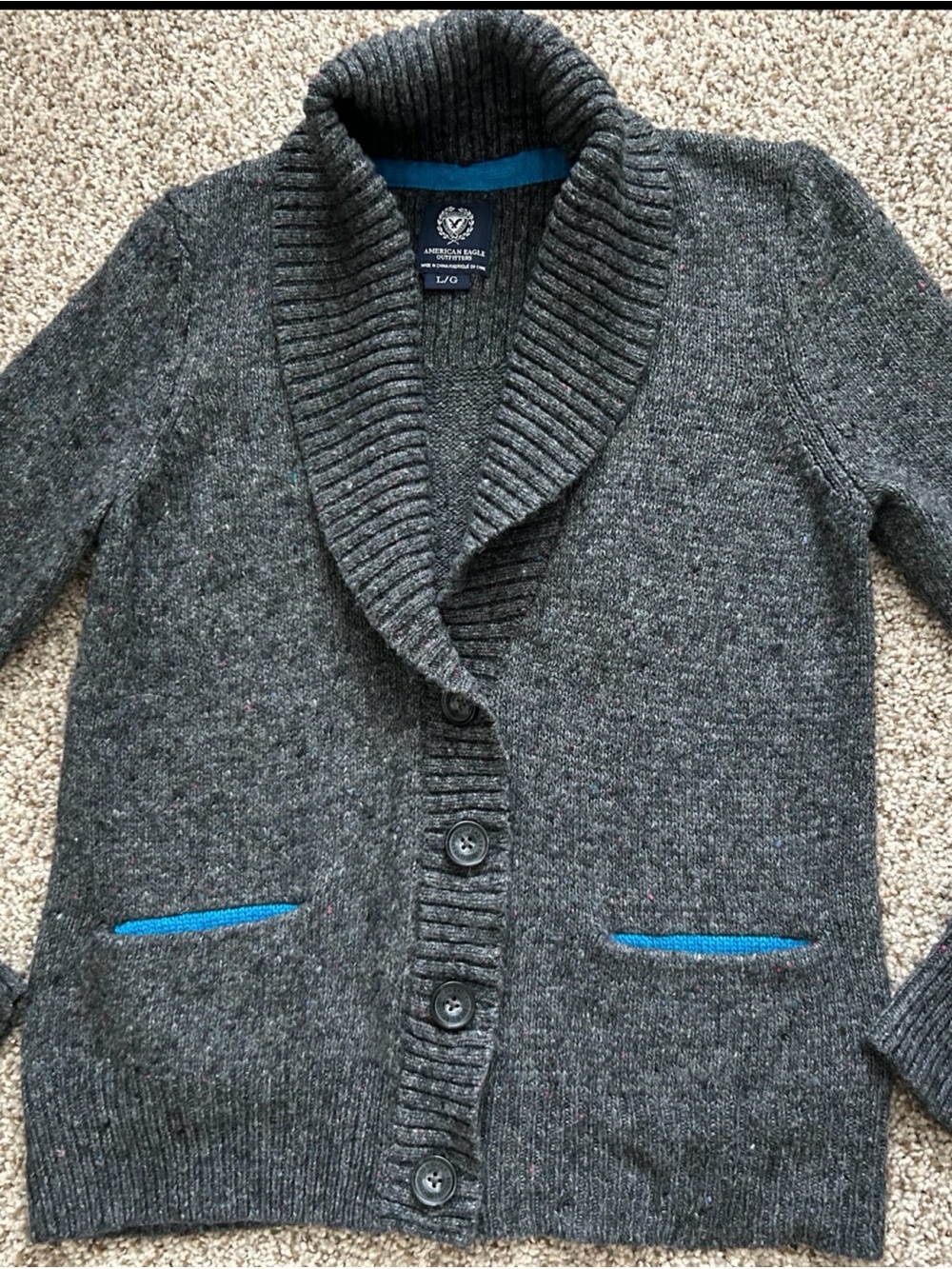 American Eagle Charcoal Grey Shawl Collar Button Cardigan Sweater Sz Lg Classic